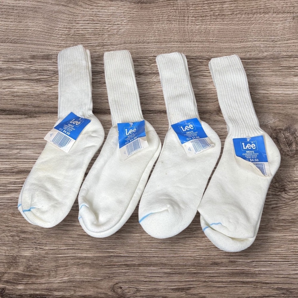 Vtg 80s Lee Mens Cushion Foot Crew Socks White Blue Stripe Made in USA 4 Pairs